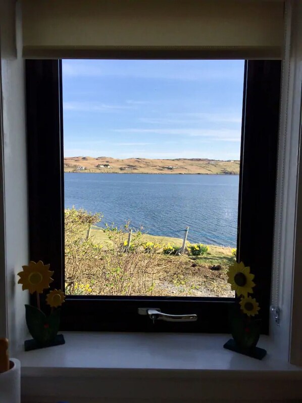 A window with a view of a lake and hills.