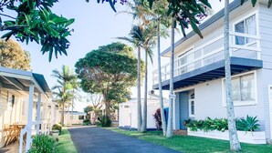 A pathway leading to a building with a sign indicating an office. - Little Palm Cabins (Lake Cathie)