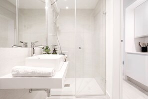 Shower, hair dryer, towels