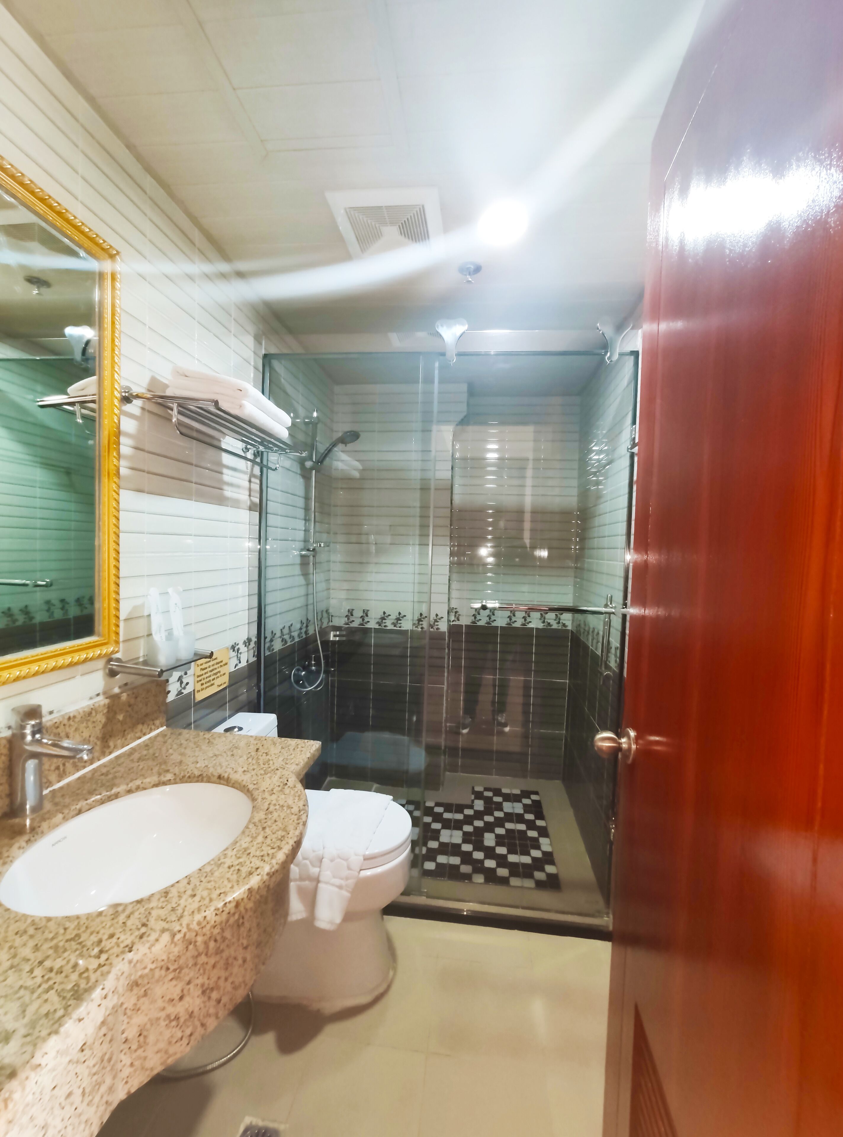 A bathroom with a granite countertop sink, a toilet, a shower with a glass door, and a mirror with a gold frame.