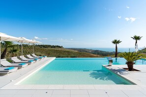 Ein Pool mit klarem, blauem Wasser, umgeben von weißen Liegestühlen und Sonnenschirmen, mit Blick auf das Meer und die Hügel im Hintergrund.