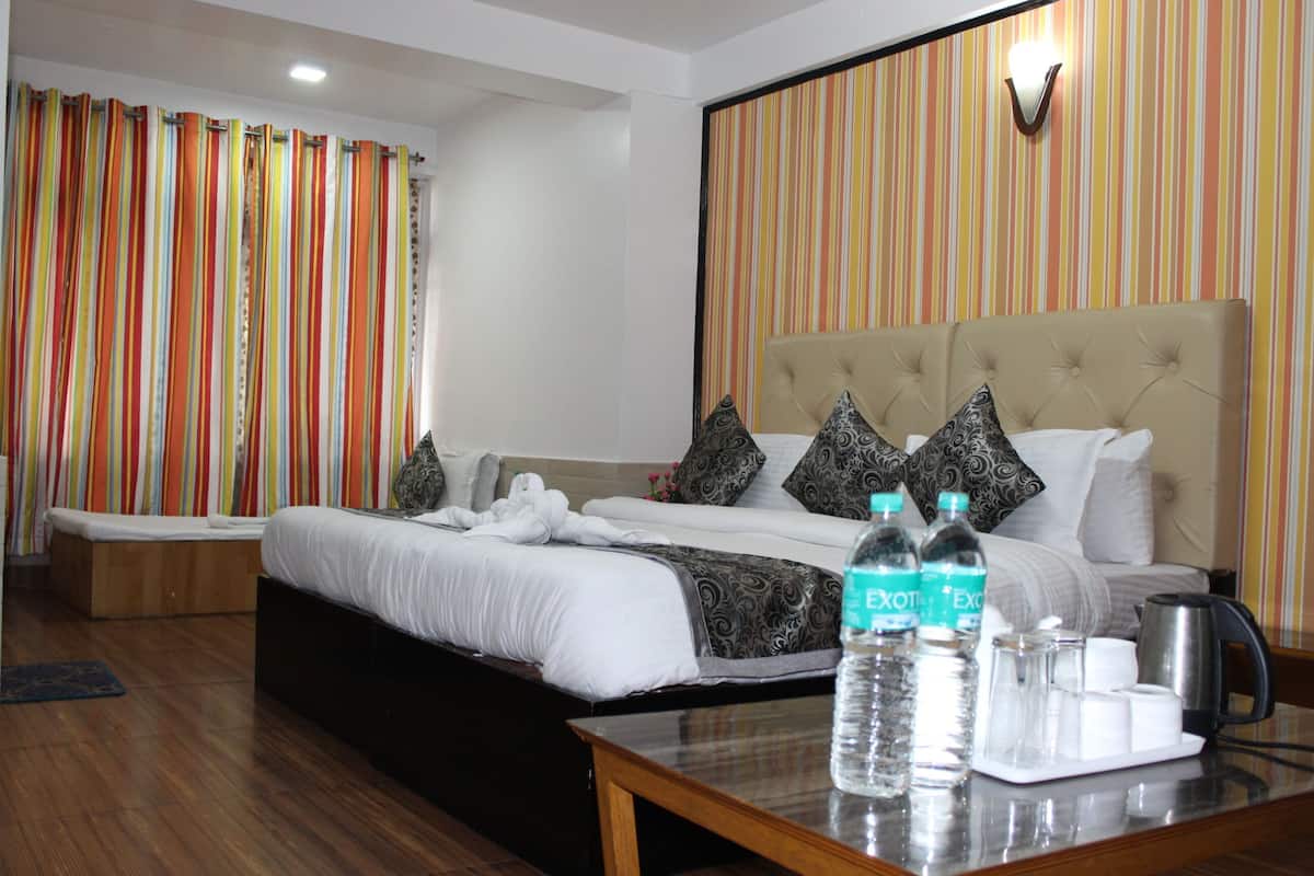 Shower, hydromassage showerhead, designer toiletries, slippers