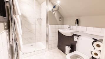 Un baño moderno con ducha envuelta en vidrio, lavamanos e inodoro.
