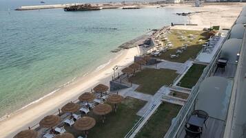 Private beach, sun loungers, beach umbrellas, beach towels