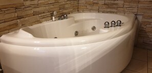 Hair dryer, towels, soap, shampoo