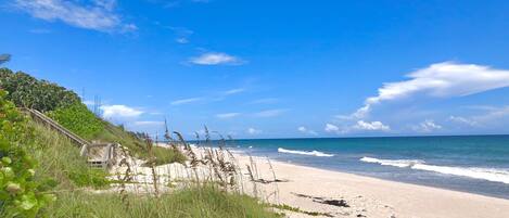 On the beach, sun-loungers, beach towels