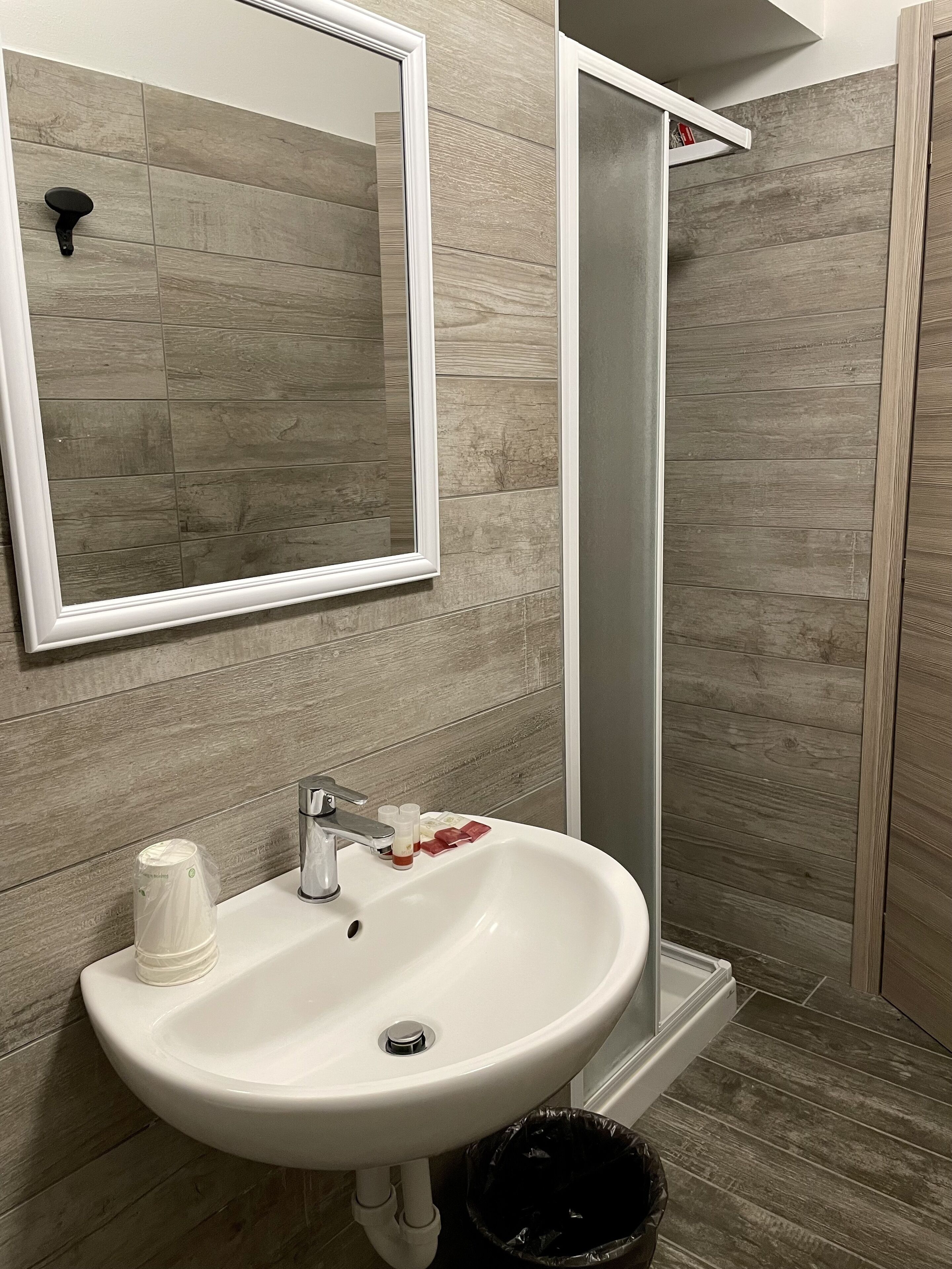 Un baño con lavamanos blanco, un espejo y zona de ducha.