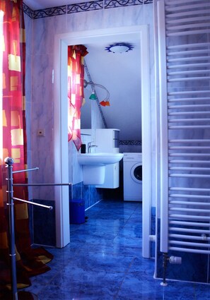 Une salle de bain équipée d’un lavabo, d’un lave-linge et d’un espace douche.