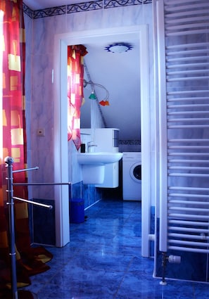 Une salle de bain équipée d’un lavabo, d’un lave-linge et d’un espace douche.