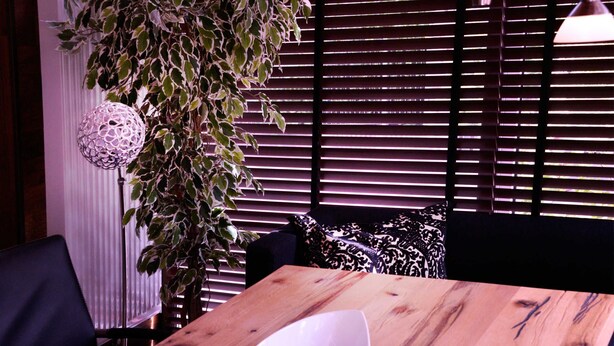 Een houten tafel met een witte kom, een hangende bolvormige lamp en een plant met bladvariaties.