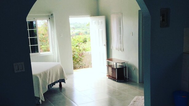 Une chambre avec un lit, un bureau et une vue sur la verdure.