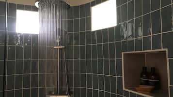 Shower, eco-friendly toiletries, hair dryer, towels