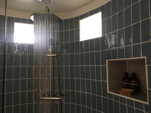 Shower, eco-friendly toiletries, hair dryer, towels