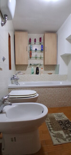 Tina, secadora de cabello, bidet, toallas 
