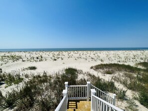 On the beach, sun loungers