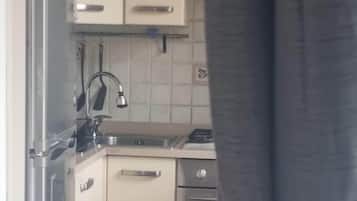 Een koelkast, een oven, een kookplaat, een vaatwasser