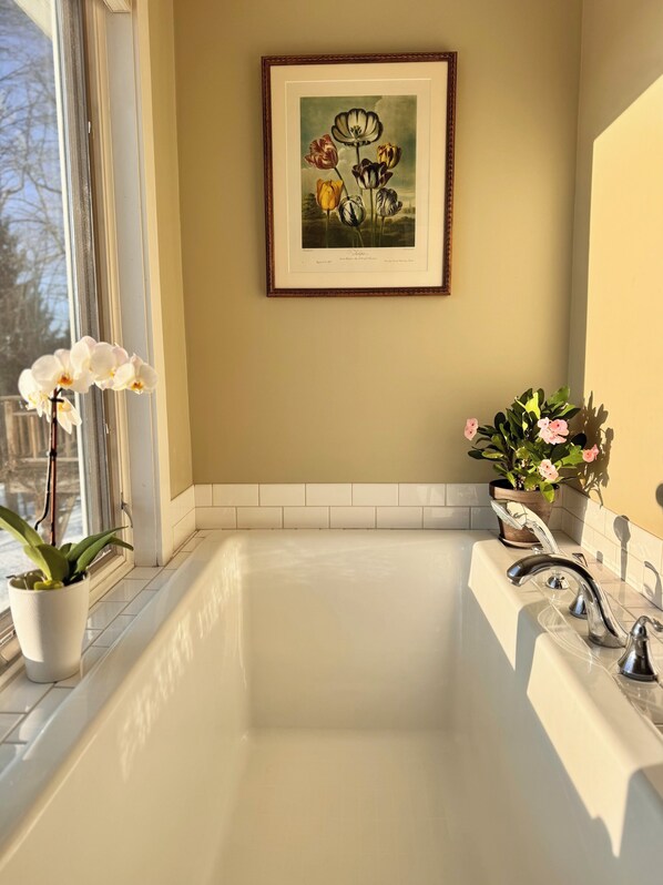 A bathroom with a bathtub, a window with a potted plant, and a framed botanical illustration on the wall. - Mountain-view House ~ Mins To Middlebury, Flex Cancellation Policy (Cornwall)