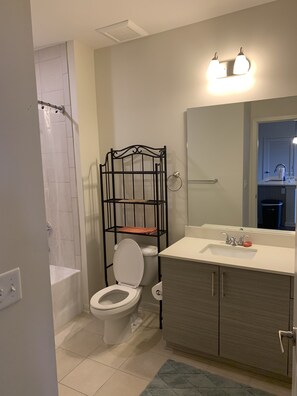 Hair dryer, towels, soap, toilet paper