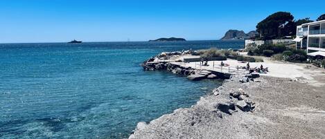 On the beach, sun-loungers
