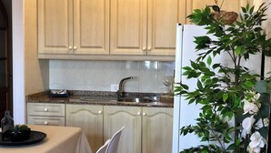 A kitchen with light wood cabinets, a granite countertop, a stainless steel sink, and a white refrigerator. There is a dining table with chairs and a potted plant with green leaves and white flowers. - Canaryislandshost l Surf Lanzarote (Caleta de Famara)