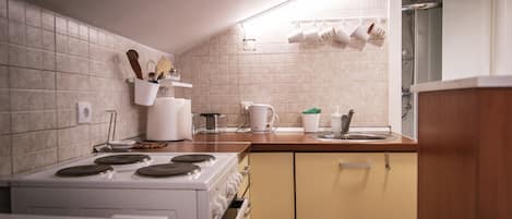 Fridge, oven, electric kettle, cookware/dishes/utensils