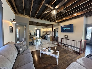 Smart TV, fireplace, DVD player, books