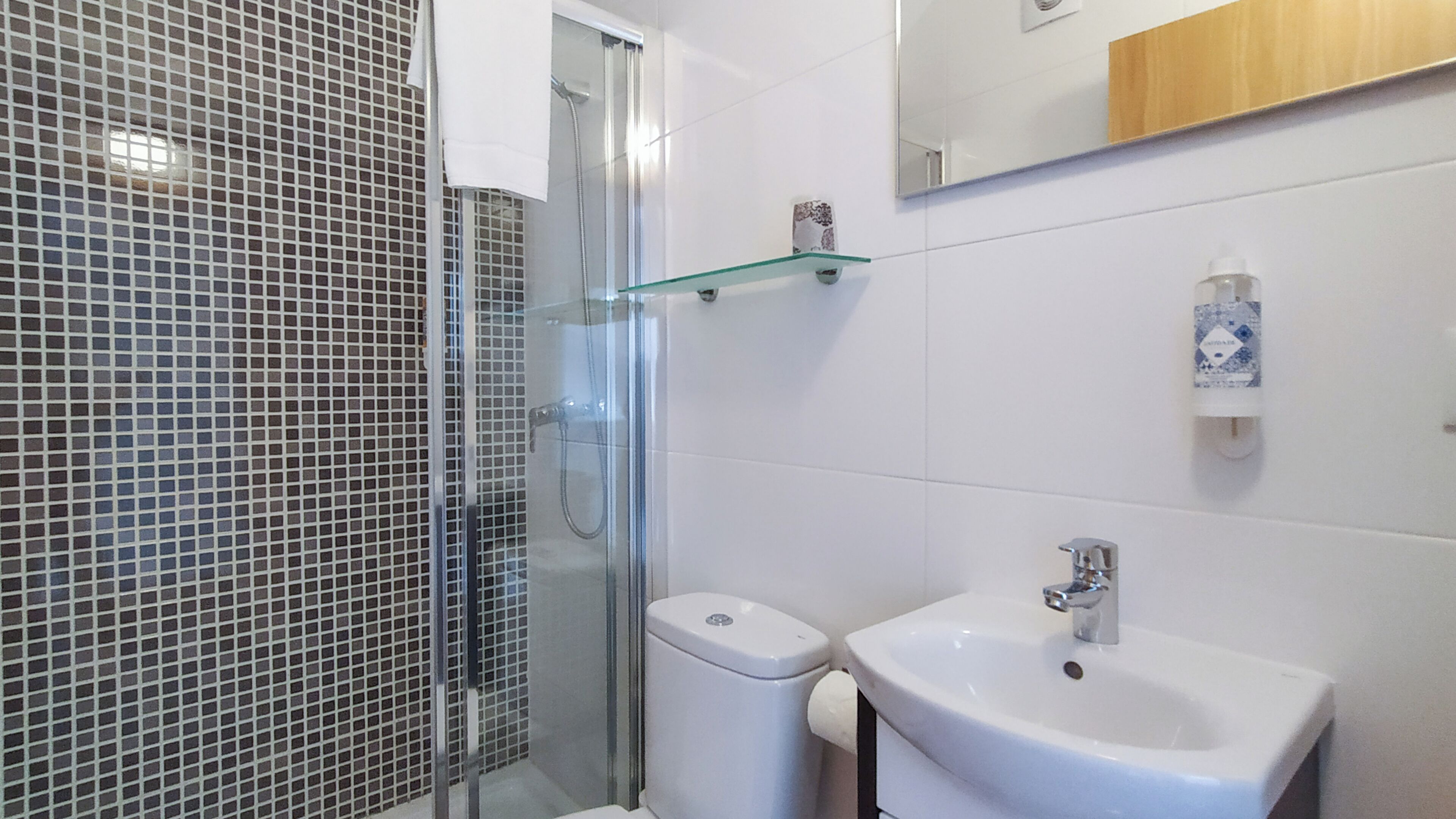 A bathroom with a glass shower enclosure, a toilet, and a sink with a mirror above.