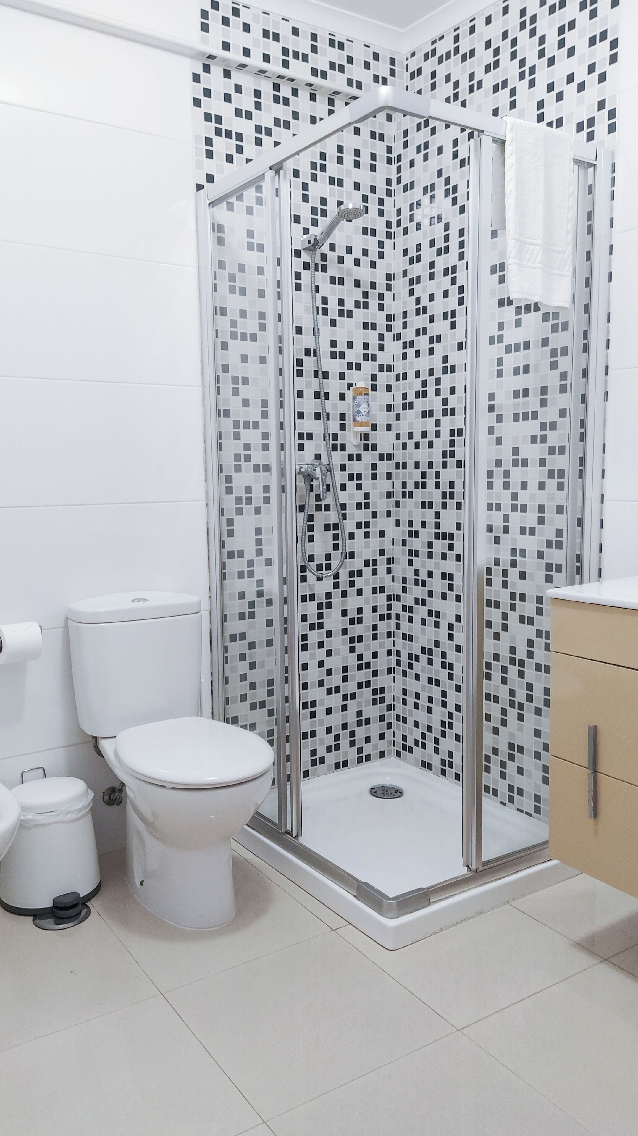 Ein Badezimmer mit Dusche, Toilette und Waschbecken.