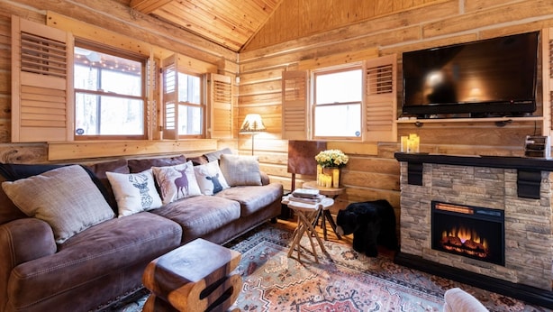 A log cabin interior with a leather sofa, a flat-screen TV, a stone fireplace, and a large window. - Shaded Log Cabin Swim Spa 2 miles Lake Entrance & winery (Birdseye)