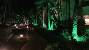 Una vista notturna di un corridoio d'hotel con palme e vialetti illuminati.