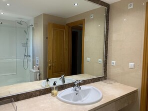 Combined shower/bathtub, hair dryer, towels, soap