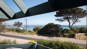 A coastal road with a view of the sea and boats, a large tree, and a clear sky.