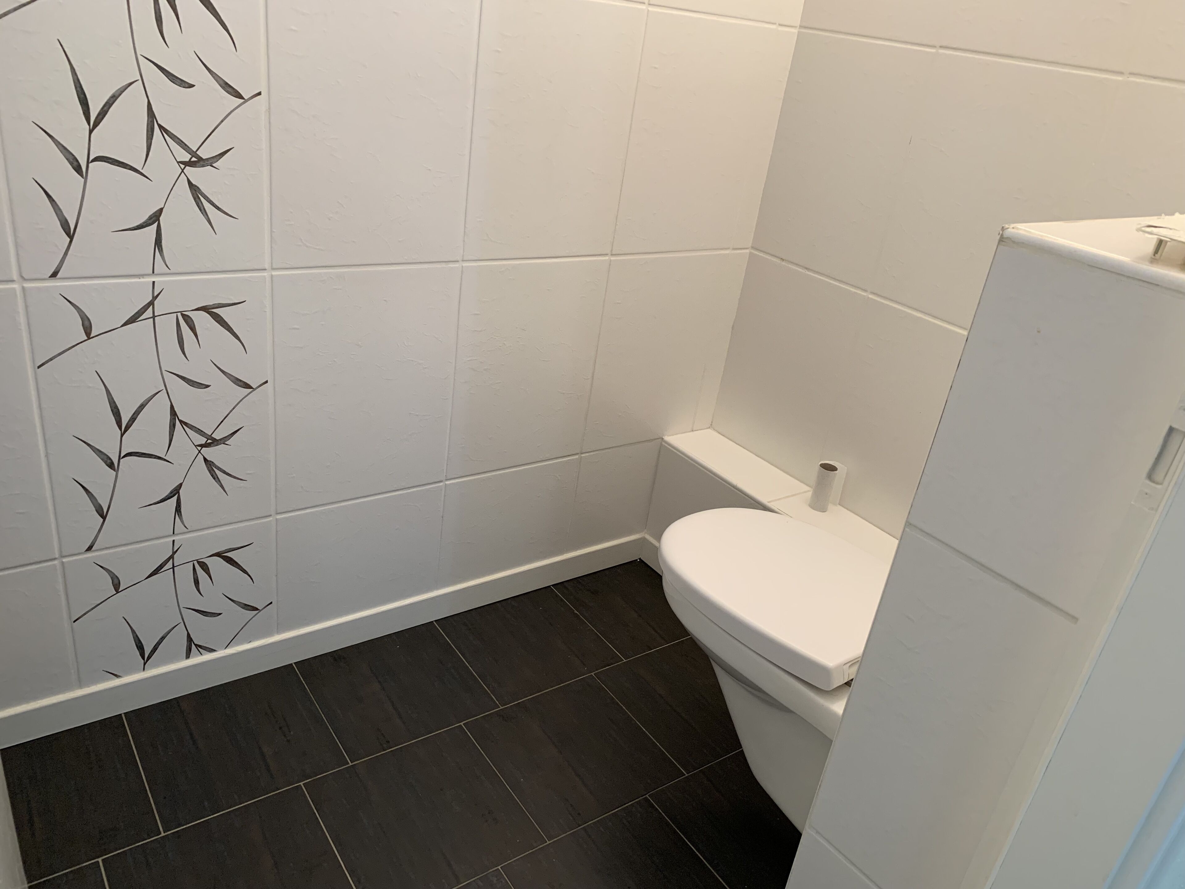 Un bagno con il water, pavimento in piastrelle scure e piastrelle bianche sulla parete con motivo bamboo.