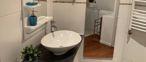 A bathroom with a white sink, a mirror, a blue soap dispenser, and a potted plant.