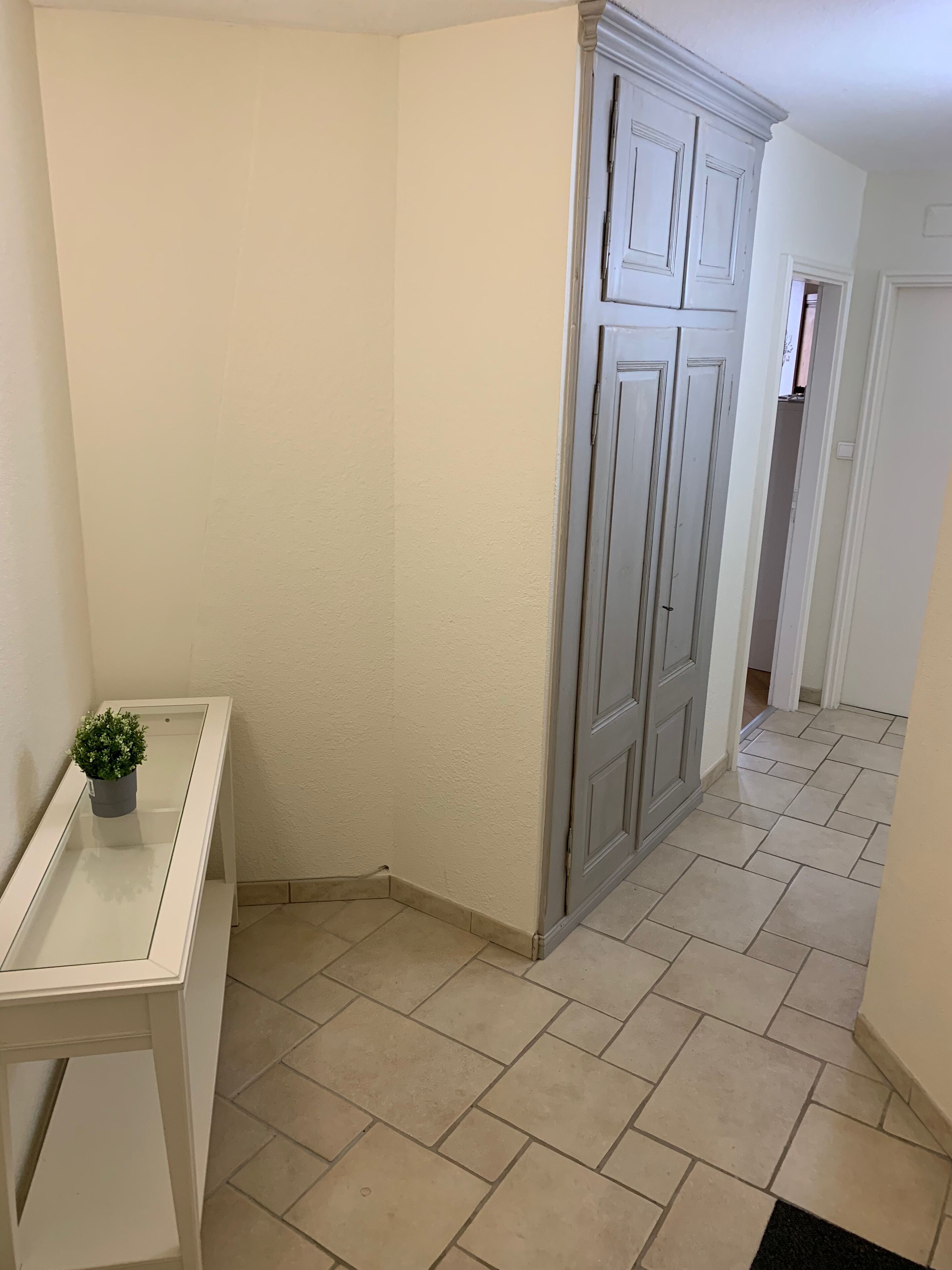 A hallway with a white door, a small table with a plant, and beige tiled flooring.