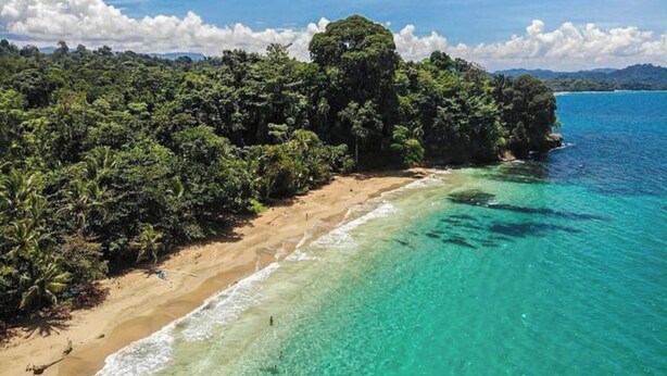 Una playa con aguas turquesas cristalinas, una orilla arenosa y vegetación tropical exuberante.