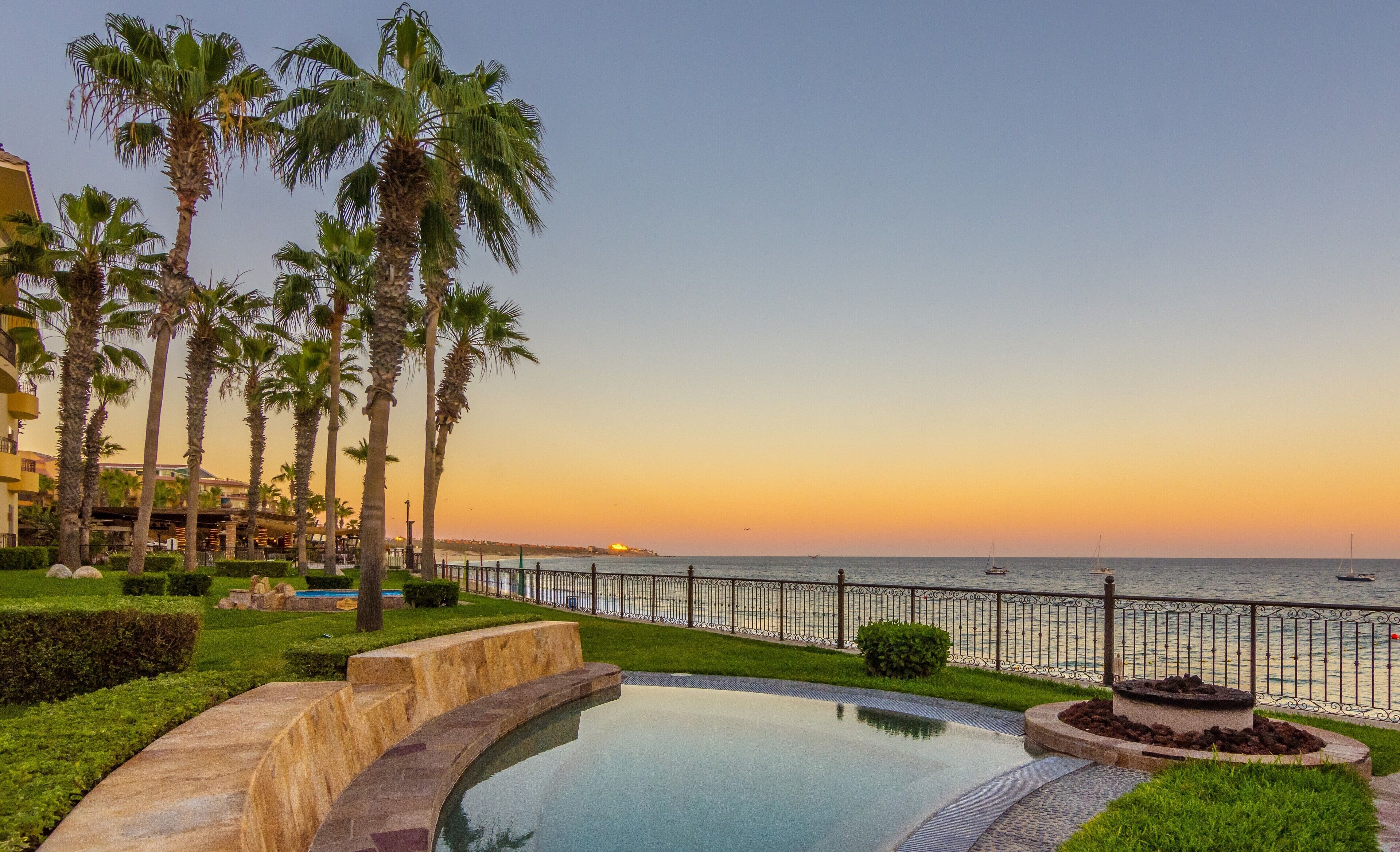A pool with a view of the ocean and palm trees.