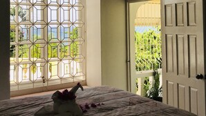 A bedroom with a large arched window, a bed with a decorative pillow, and a ceiling fan. - An Oceanfront Getaway - Wheelchair Accessible with Private Pool. (Whitehouse)