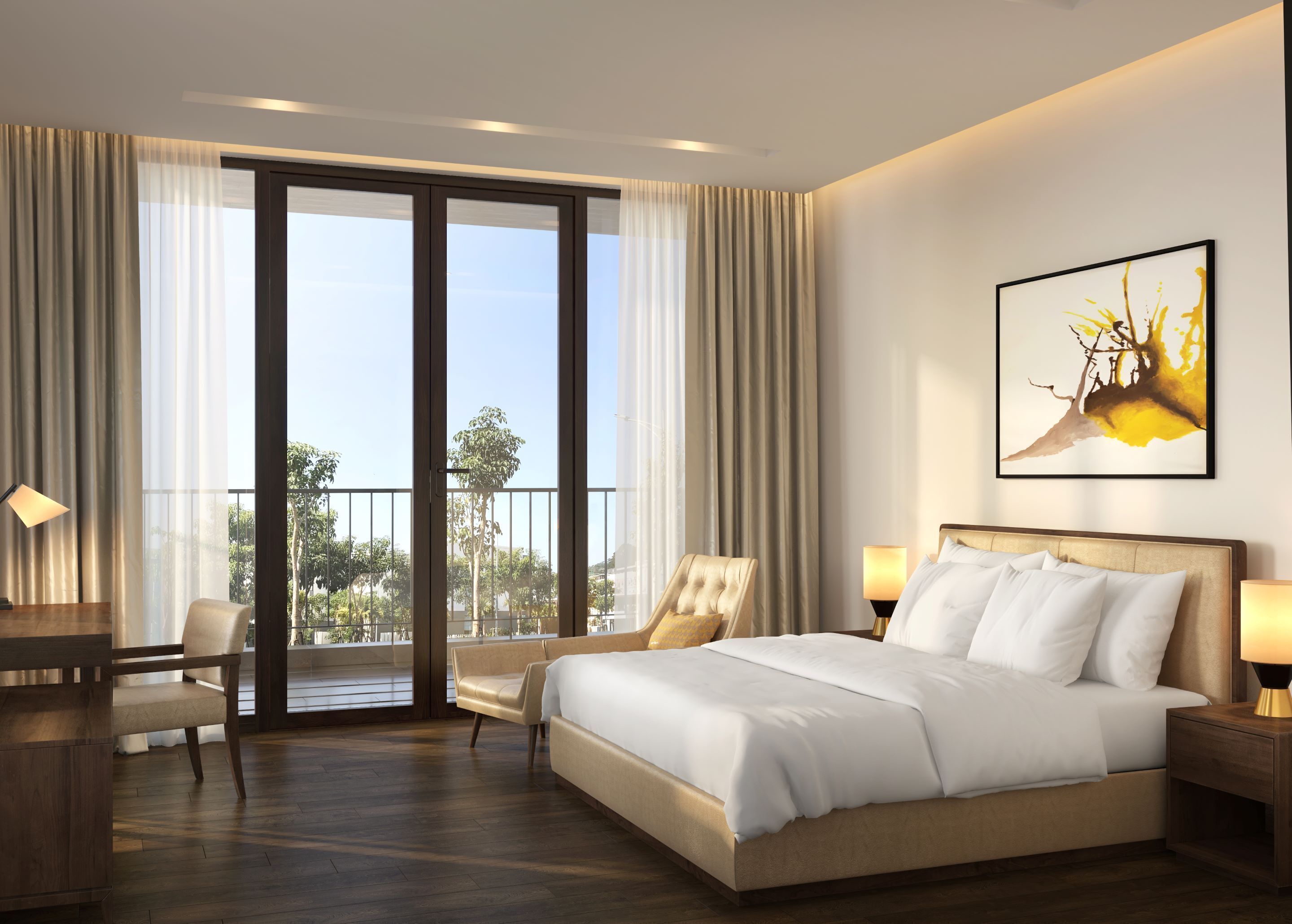 Une chambre d’hôtel moderne avec un grand lit, deux fauteuils, un bureau et un balcon agrémenté de rideaux.