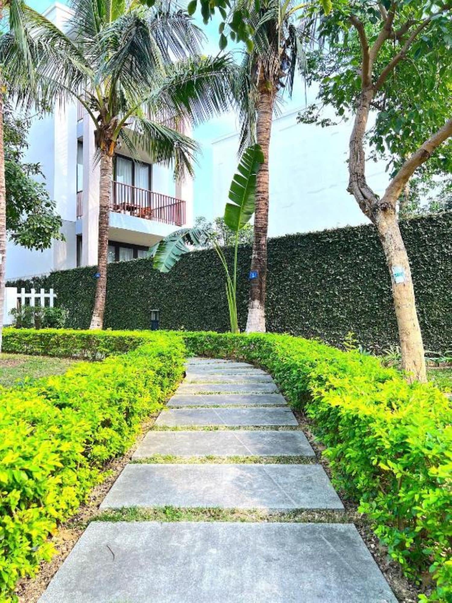A pathway leading to a building with a balcony, surrounded by lush greenery and a neatly trimmed hedge.