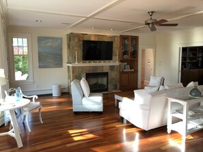 TV, fireplace, books