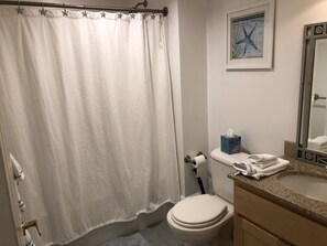 Combined shower/tub, jetted tub, hair dryer, towels