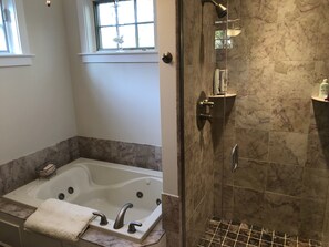 Combined shower/tub, jetted tub, hair dryer, towels