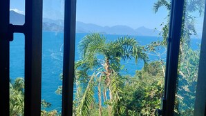 A view through a window with a tropical landscape, including a palm tree and dense foliage, leading to a clear blue sea and distant mountains.
