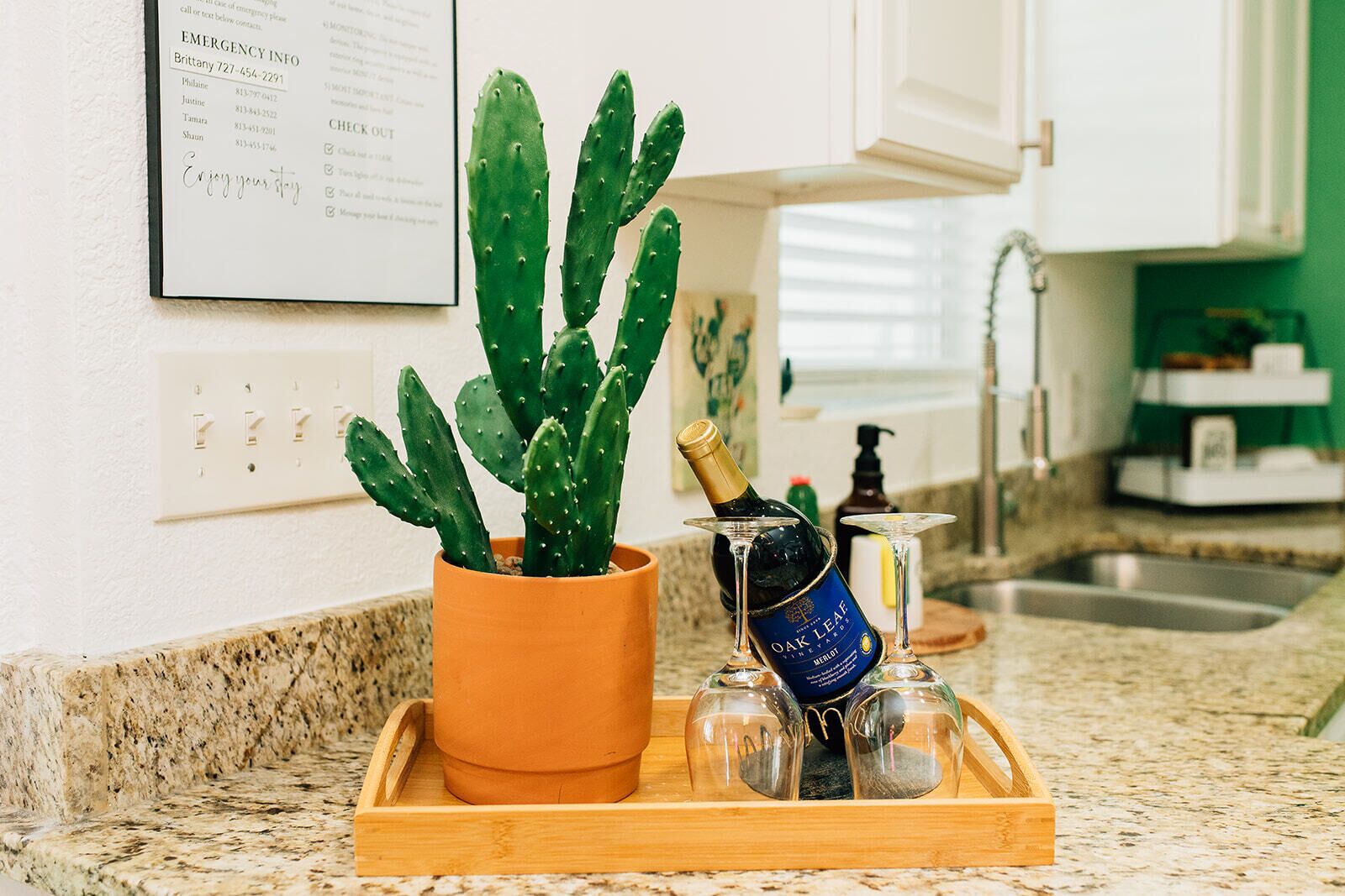 A kitchen counter with a potted cactus, a bottle of wine, and two glasses on a tray.