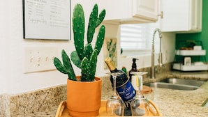 A kitchen counter with a potted cactus, a bottle of wine, and two glasses on a tray. - Fiesta Siesta! A Fun + Vibrant Stay- <1 mile Walk to Beach   [ 4plex ] (St Pete Beach)