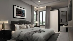 Ein modernes Schlafzimmer mit einem großen Bett, einem Nachttisch, einem Schreibtisch und einem Fenster mit Vorhängen.