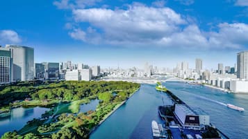 A cityscape with modern skyscrapers, a river, and a park area.