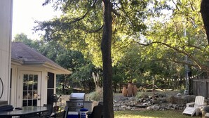 Un giardino sul retro con una griglia per barbecue, posti a sedere all'aperto e un tavolino.