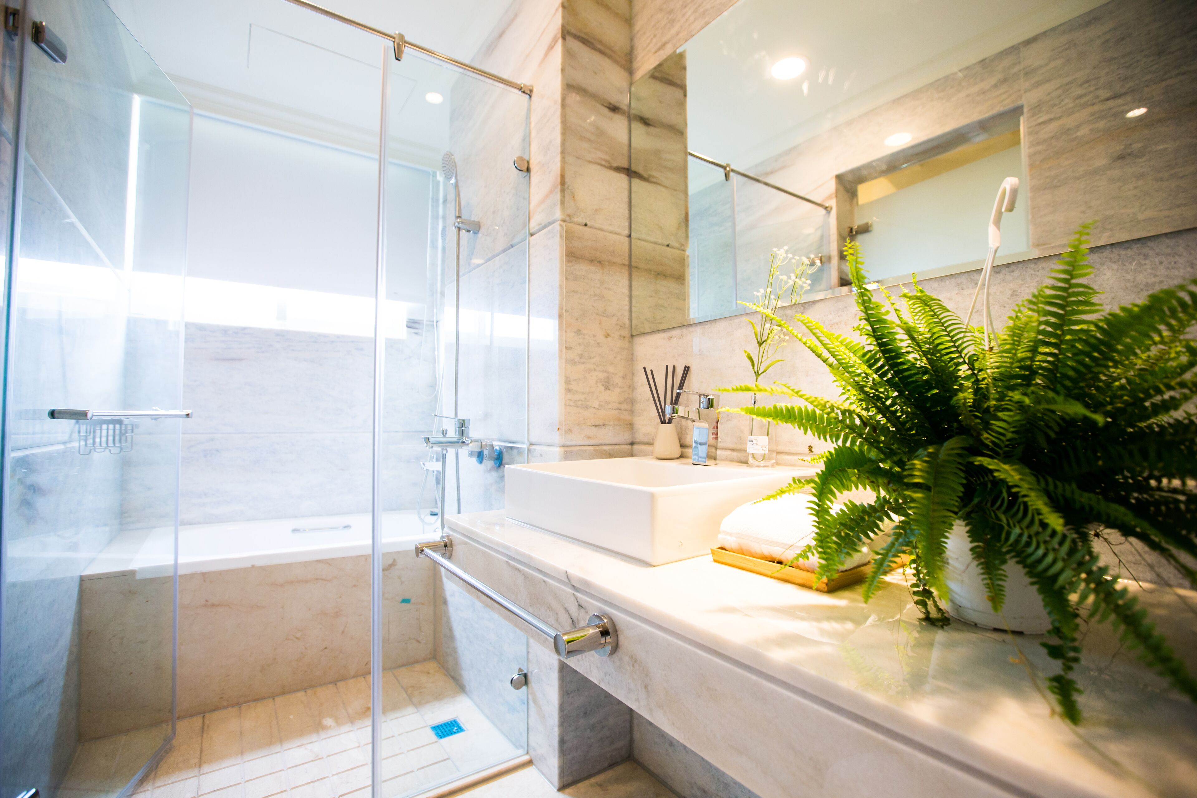 deluxe double room | bathroom | shower, free toiletries, hair dryer, slippers